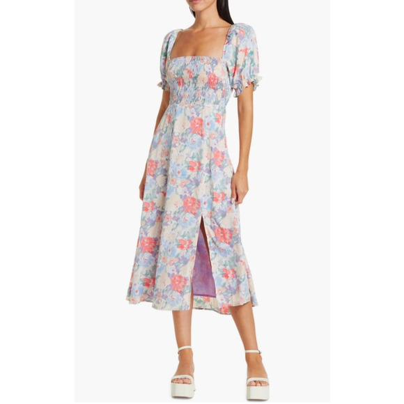 Astr The Label Floral Smocked Puffed Sleeve Midi Dress - Picture 1 of 9